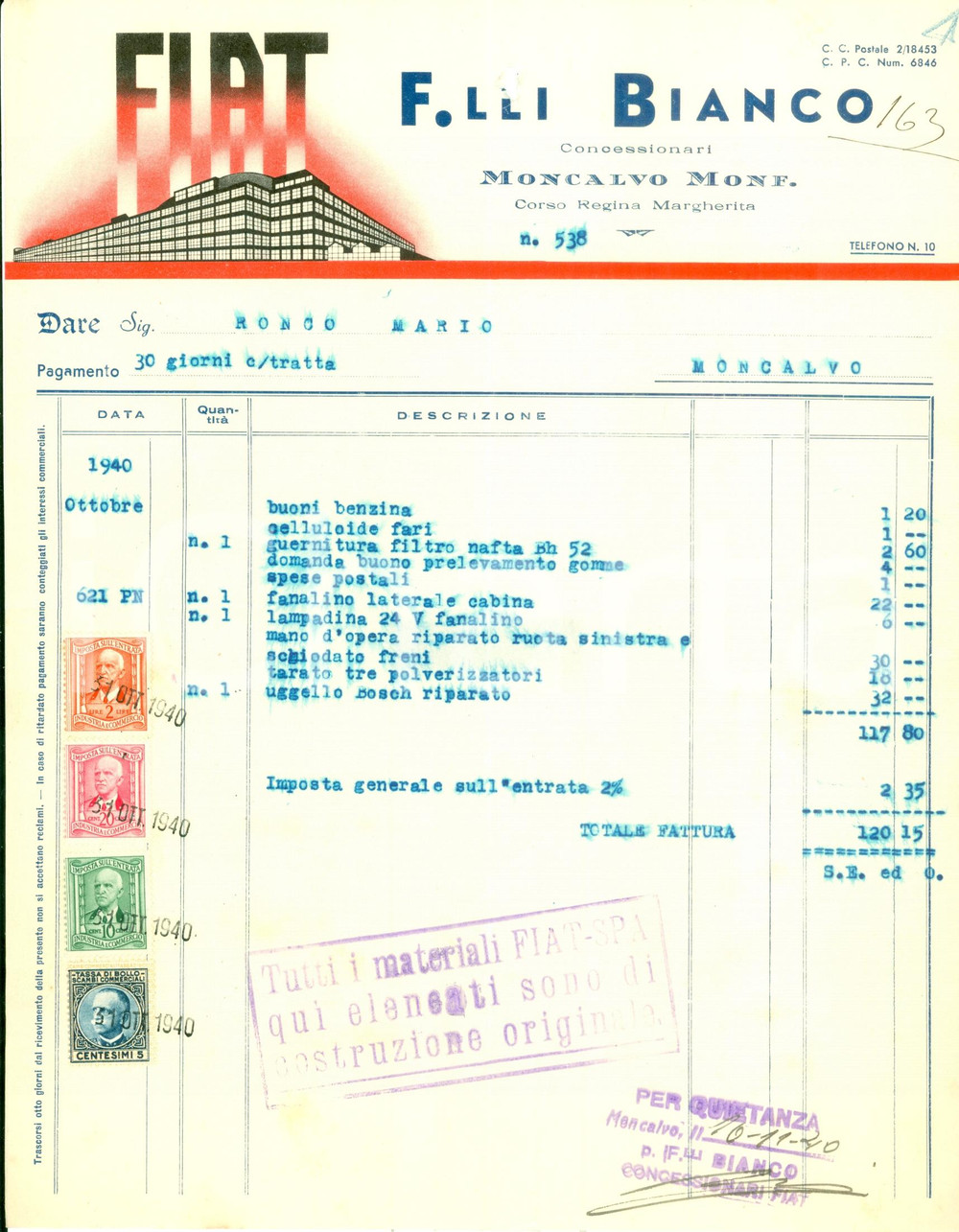 Documento originale, autentico 1940 MONCALVO AT Fratelli BIANCO Concessionari FIAT Fattura ILLUSTRATA 1