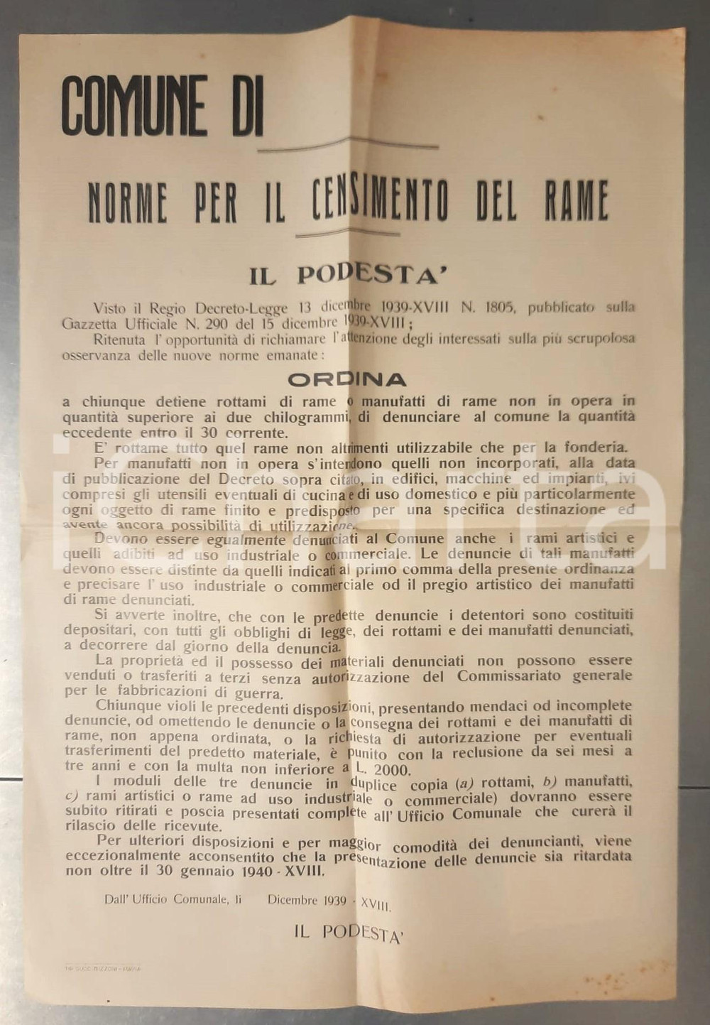 Documento originale, autentico 1939 Area di PAVIA  Norme per il censimento del rame Manifesto 39x55 cm 1