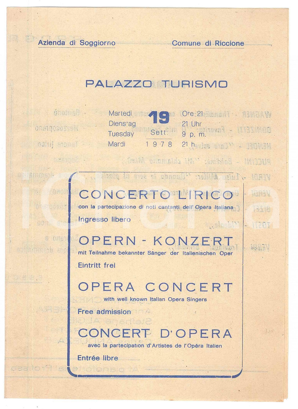 Materiale pubblicitario d’epoca 1978 RICCIONE Concerto lirico Luisa MACNEZ Anna Maria FICHERA Programma 12x17 1
