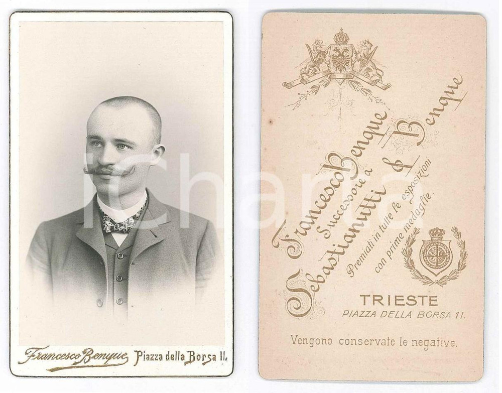 Fotografia d epoca originale 1890 ca TRIESTE Ritratto di giovane uomo Foto Francesco BENQUE CDV 1