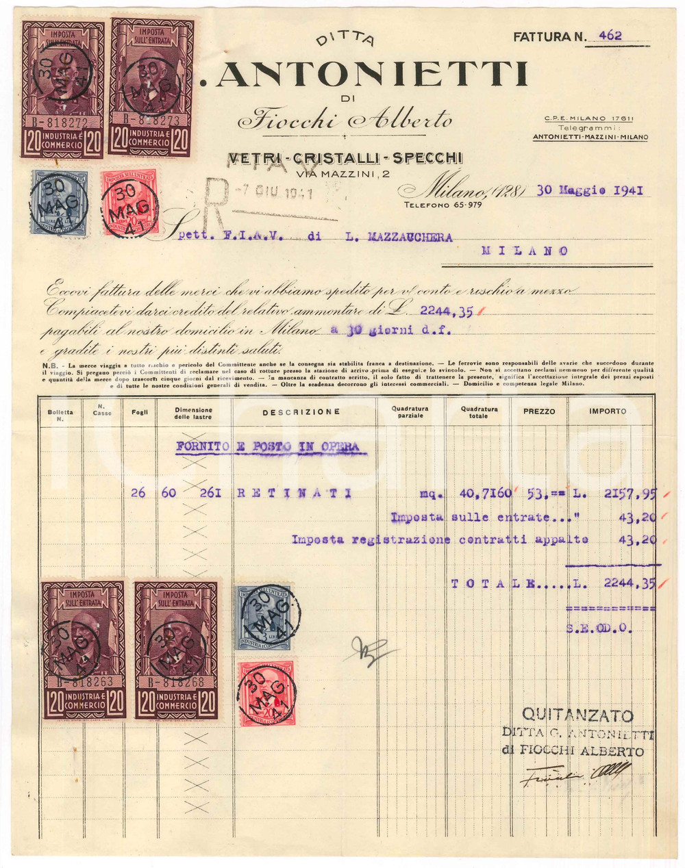 1941 MILANO Via Mazzini - Ditta G. ANTONIETTI di Alberto FIOCCHI Vetri ^Fattura Fattura originale d'epoca.  CONDIZIONI:FAIR/discreto Piegature d'epoca, gualciture diffuse, forellini al margine superioreFORMATO: 22x28 cm originale e autentica 1