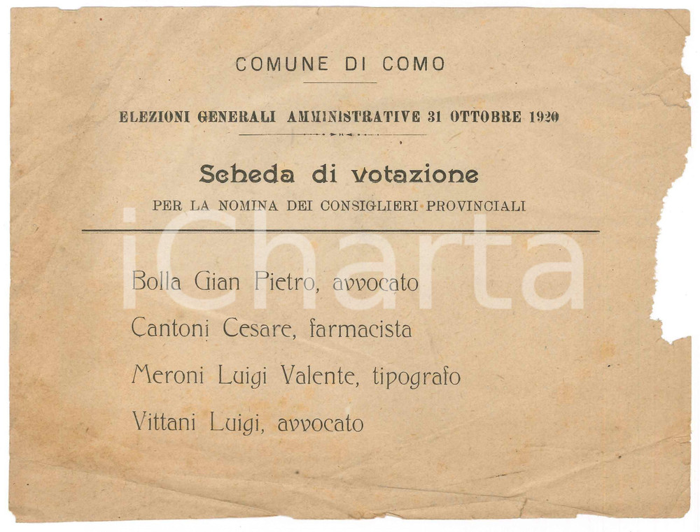 Documento originale, autentico 1920 COMO Elezioni amministrative  Scheda votazione consiglieri provinciali 1