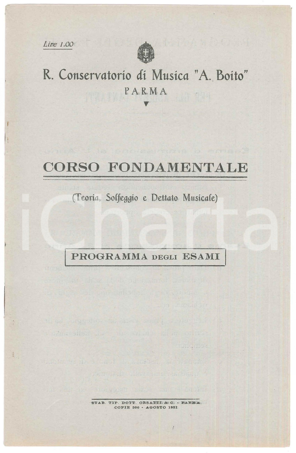 Documento originale, autentico 1931 PARMA Conservatorio A. BOITO Programma esami corso fondamentale 1