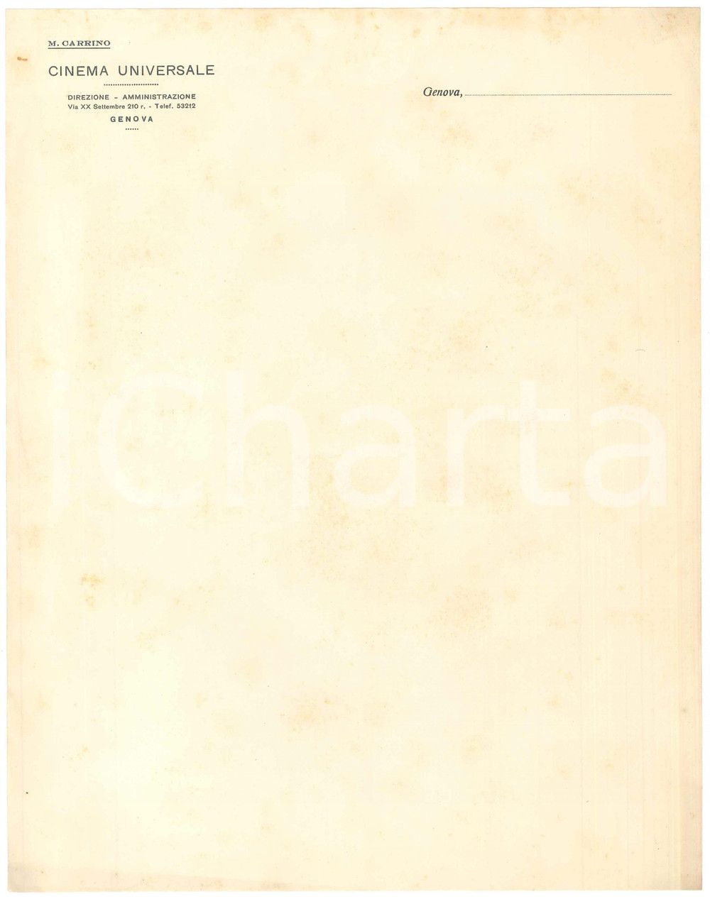 Documento originale, autentico 1930 ca GENOVA via XX Settembre  CINEMA UNIVERSALE M. Carrino Carta intestata 1