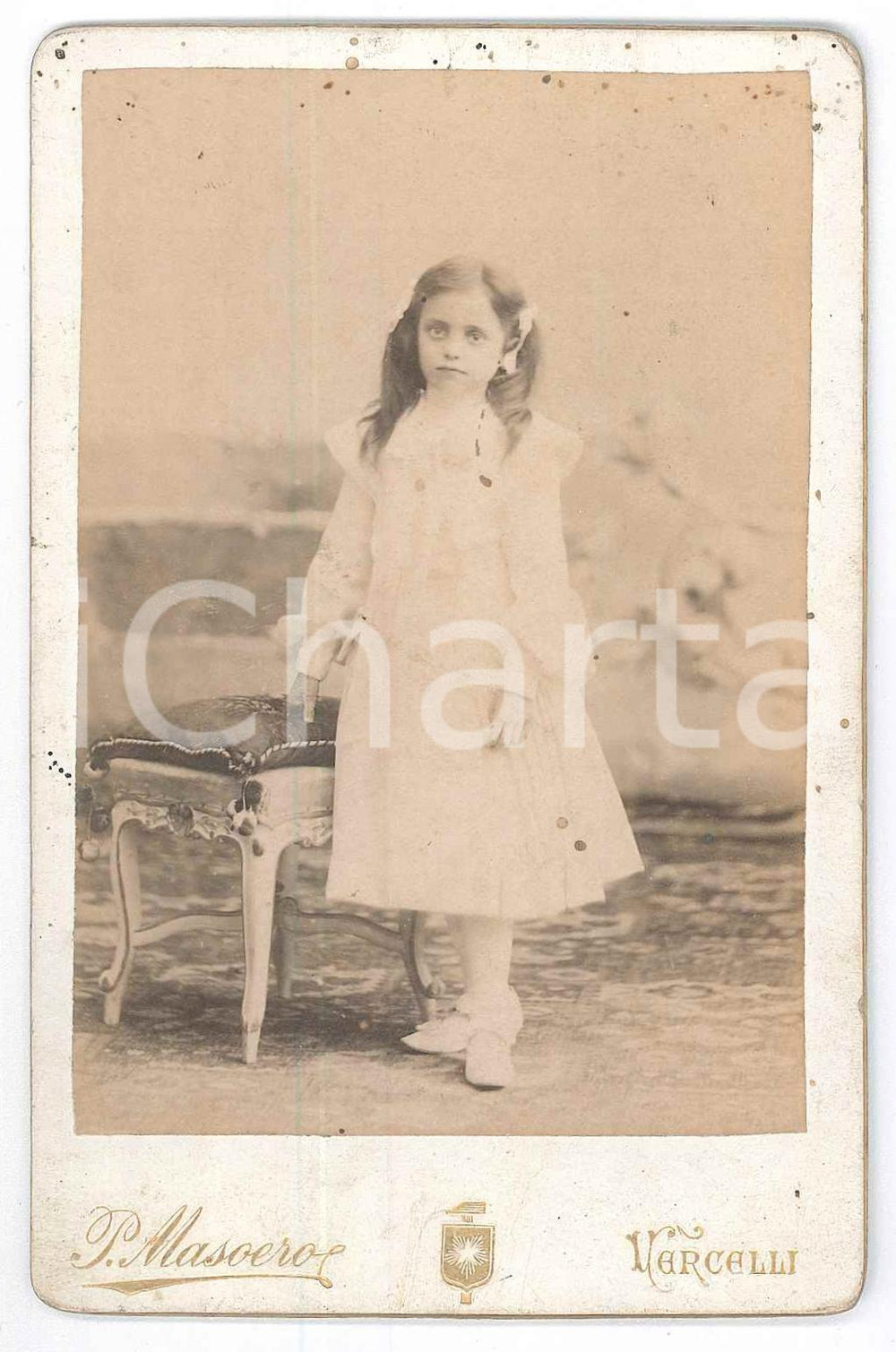 Fotografia d epoca originale 1900 ca VERCELLI Bambina nel giorno della Prima Comunione  Foto P. MASOERO 8x12 1