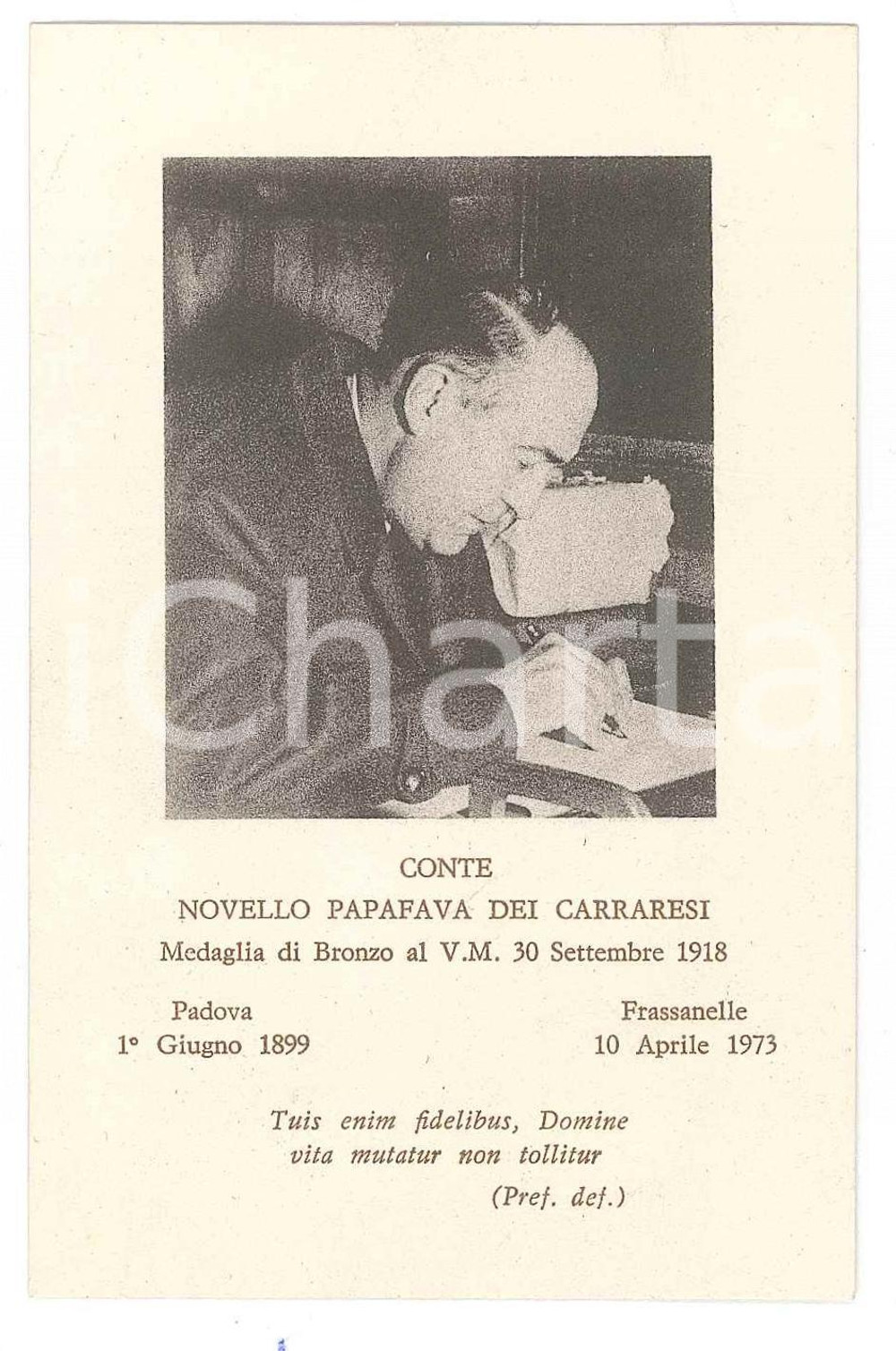 Documento originale, autentico 1973 PADOVA Conte Novello PAPAFAVA DEI CARRARESI  Santino lutto 1