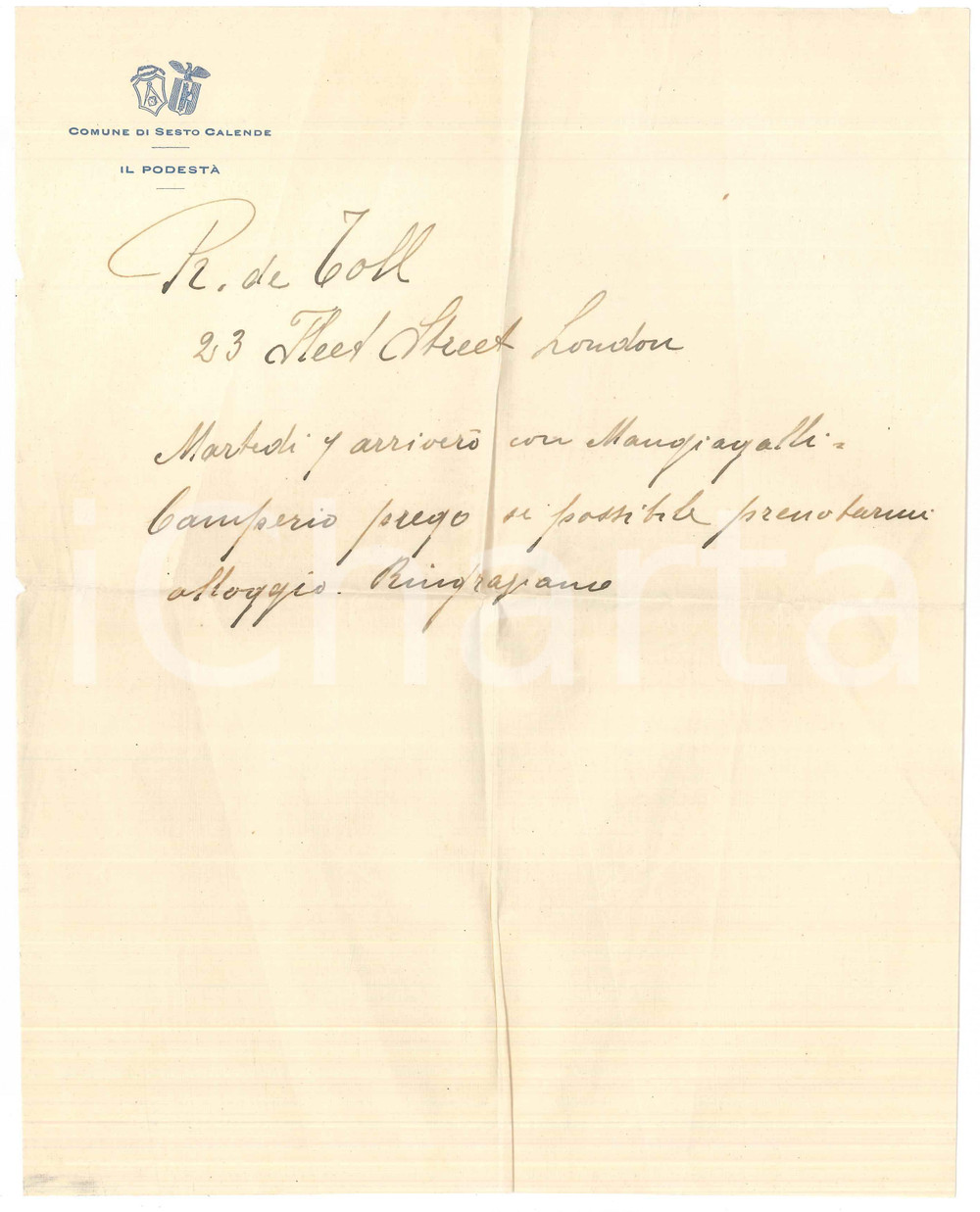 Autografo originale 1930 ca SESTO CALENDE Podestà Attilio VITTADINI Lettera appuntamento AUTOGRAFO 1