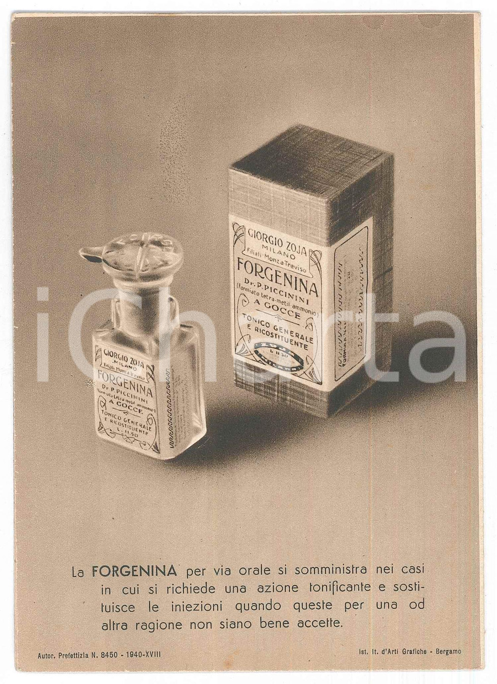 Materiale pubblicitario d’epoca 1940 MILANO FARMACEUTICA Giorgio ZOJA Biglietto FORGENINA Serie giottesca 1