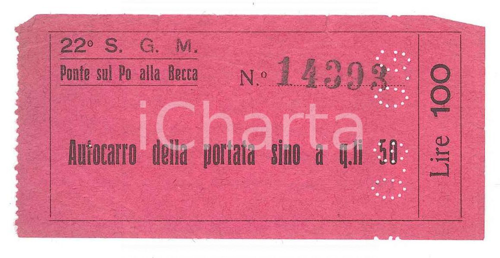 Oggetto da collezione cartaceo 1950 ca MEZZANINO Ponte della Becca sul Po  Biglietto autocarro 50 quintali 1