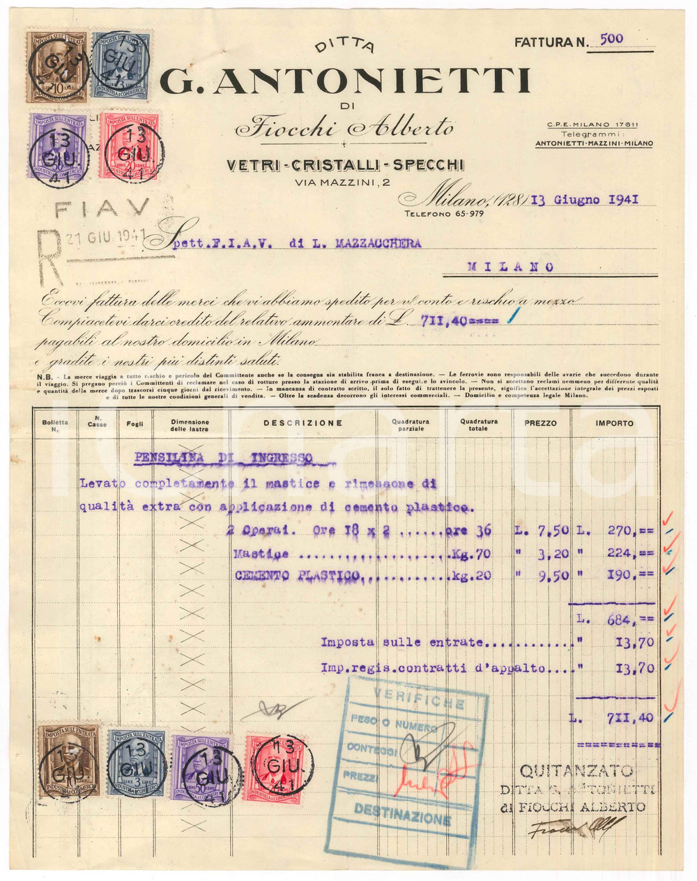 Documento originale, autentico 1941 MILANO Via Mazzini  Ditta G. ANTONIETTI di Alberto FIOCCHI Vetri  Fattura 1