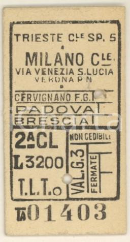 Documento originale, autentico 1951 TRIESTE FF. SS. Biglietto ferroviario per MILANO CENTRALE Seconda classe 1