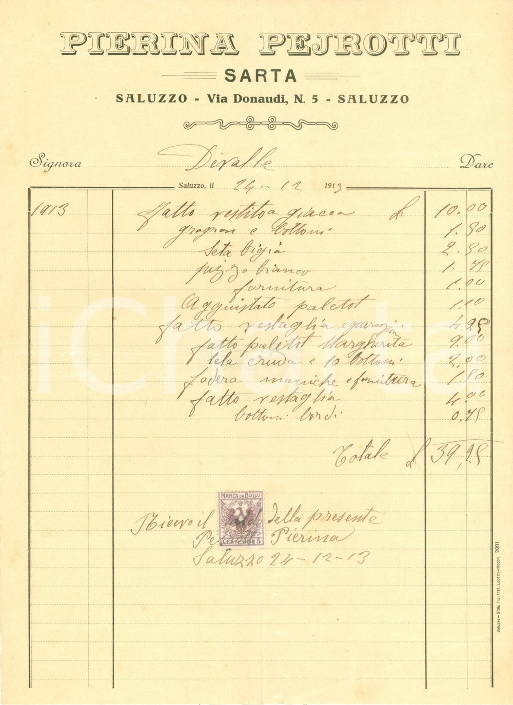 Documento originale, autentico 1913 SALUZZO CN Conto lavori Pierina PEJROTTI sarta Fattura 1