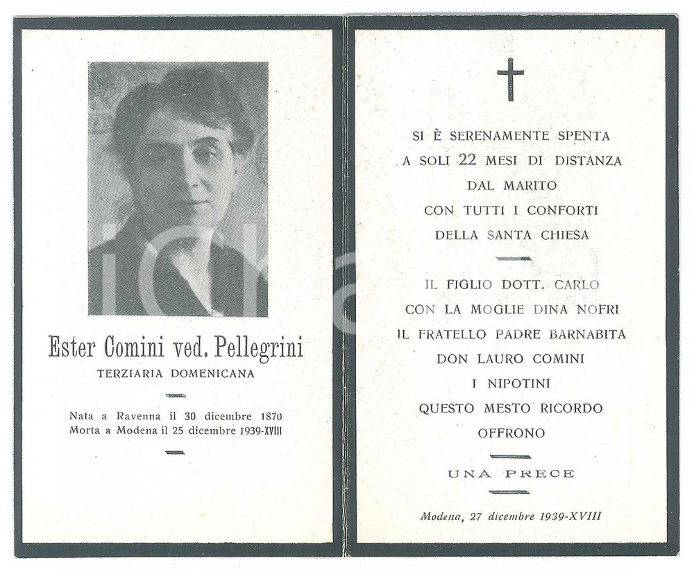 Oggetto da collezione cartaceo 1939 MODENA Ester COMINI Ved. PELLEGRINI Terziaria domenicana Santino per lutto 1