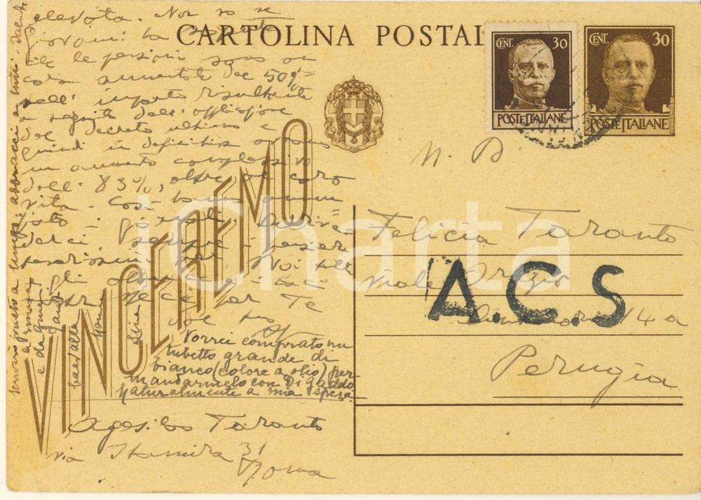 Autografo originale 1945 ROMA Agesilao TARANTO e il recupero dei mobili di famiglia Autografo 1