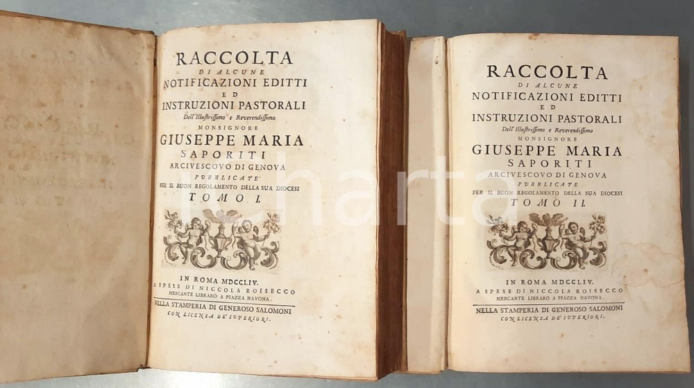 1754 GENOVA Notificazioni editti ed instruzioni pastorali mons. SAPORITI 2 voll. Legatura coeva in piena pergamena, titoli dorati al dorso. In due tomi.Titolo completo: "Raccolta di alcune notificazioni editti ed instruzioni pastorali dell'illustrissimo e reverendissimo monsignore Giuseppe Maria Saporiti arcivescovo di Genova pubblicate per il buon regolamento della sua diocesi".EDITORE: Roma - Generoso Salomoni PAGINE: 466 + 395 CONDIZIONI:FAIR/discreto macchie di umidità e fioriture principalmente alle prime e ultime pagine; macchie alla copertaFORMATO: 19x26 cm originale e autentica 1