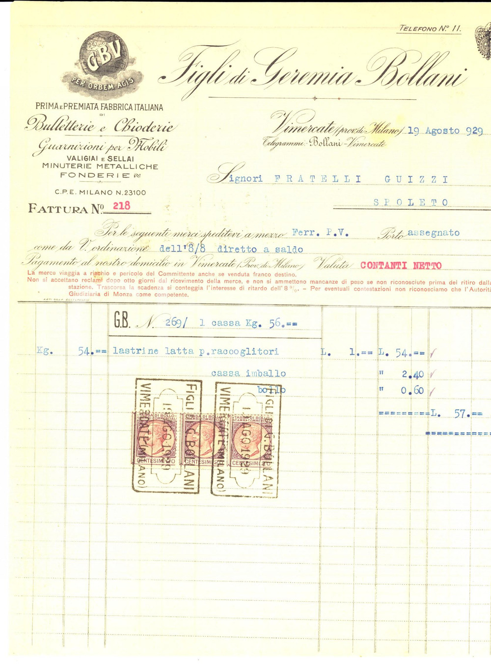 Documento originale, autentico 1929 VIMERCATE Figli di Geremia BOLLANI Bulletterie e chioderie Fattura 1