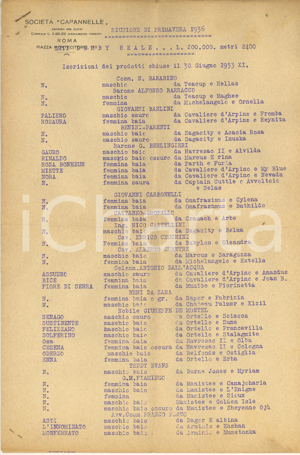 Documento originale, autentico 1936 IPPICA ROMA  Società CAPANNELLE  Iscrizioni DERBY REALE Dattiloscritto 1