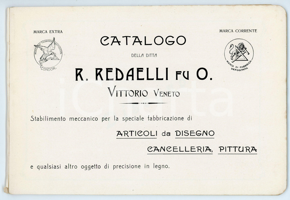 1920 ca VITTORIO VENETO Ditta R. REDAELLI Catalogo articoli da disegno e pittura Catalogo d'epoca, illustrato. MANCANTE DELLA COPERTINA. PAGINE: 48CONDIZIONI:VERY POOR/gravemente danneggiato bruniture alle pagine, copertina mancanteFORMATO: 24x17 cm  originale e autentica 1