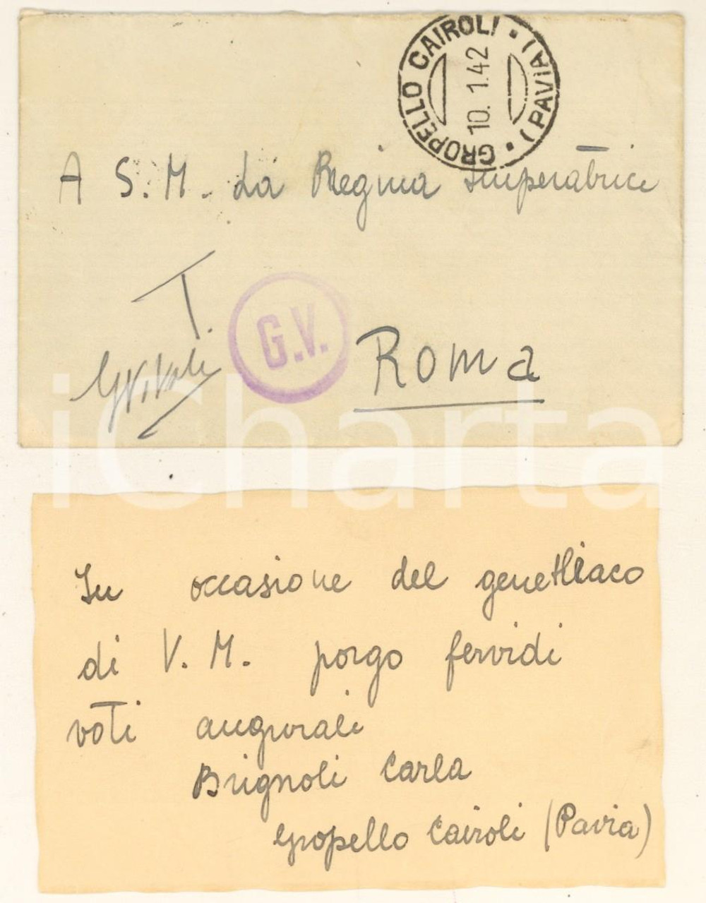 Oggetto da collezione cartaceo 1942 GROPELLO CAIROLI Biglietto auguri Carla BRIGNOLI alla Regina Elena 1
