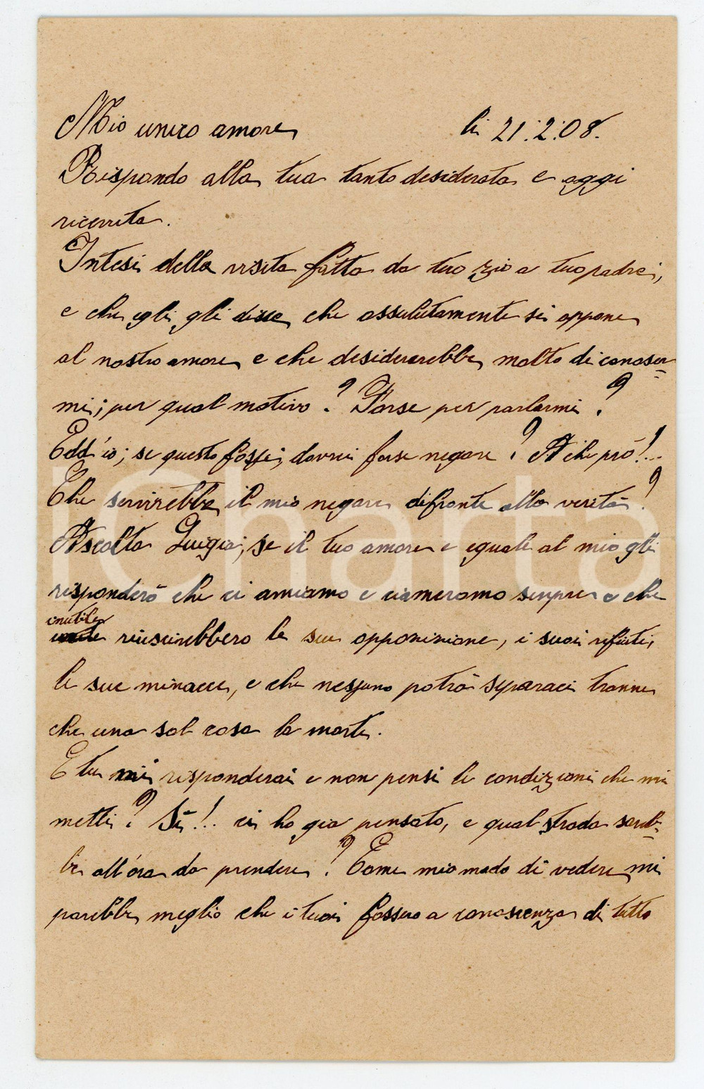 Documento originale, autentico 1908 FIESSO UMBERTIANO Lettera d amore Tuo padre si oppone al nostro amore 1