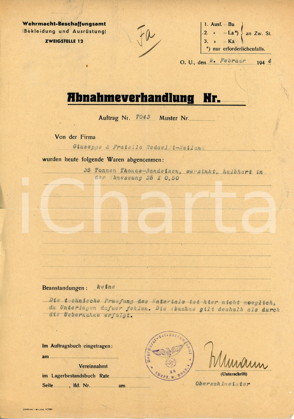 1944 WEHRMACHT - BESCHAFFUNGSAMT Ordine ferro ai Fratelli REDAELLI di Milano Lettera dattiloscritta e a stampa, d'epoca.  CONDIZIONI:POOR/danneggiato Piegatura centrale d'epoca, gualciture ai marginiFORMATO: 21x30 cm  originale e autentica 1