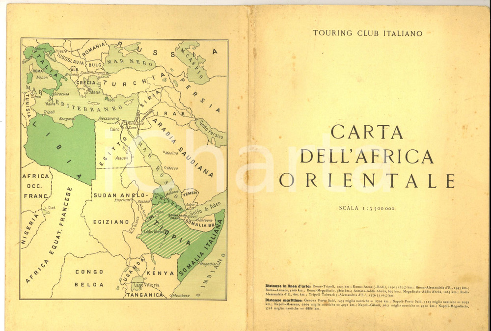 1935 TOURING CLUB ITALIANO Carta dell'Africa Orientale 60x80 cm ^Custodia Mappa contenuta nella custodia originale in carta leggera.  CONDIZIONI: fair (buone condizioni della mappa, ma alcune macchie alla custodia)  originale e autentica 1