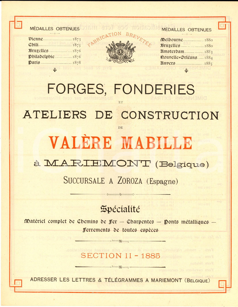 1885 MARIEMONT Fonderies VALERE MABILLE Fers et poutrelles - Brochure  Pubblicazione pubblicitaria, realizzata in forma di listino.PAGINE: 4 CONDIZIONI: FAIR (piegatura centrale d'epoca)FORMATO: 27x21 cm  originale e autentica 1