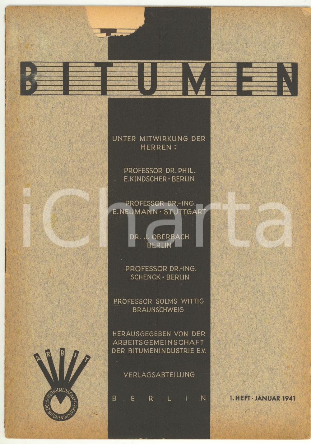 1941 BERLIN BITUMEN Beitrag zur Wasserlagerungsprobe - Rivista anno 11 n°1  DATA: Gennaio 1941DESCRIZIONE: Pubblicazione d'epoca con illustrazioni b/n. PAGINE: 16 CONDIZIONI: VERY POOR (taglio al dorso; mancanza in copertina al margine superiore e al retro; piegatura verticale)  originale e autentica 1