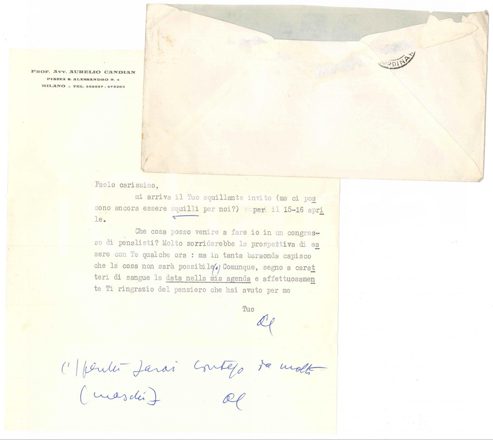Autografo originale 1961 MILANO Lettera di Aurelio CANDIAN a un collega e amico Autografo 1