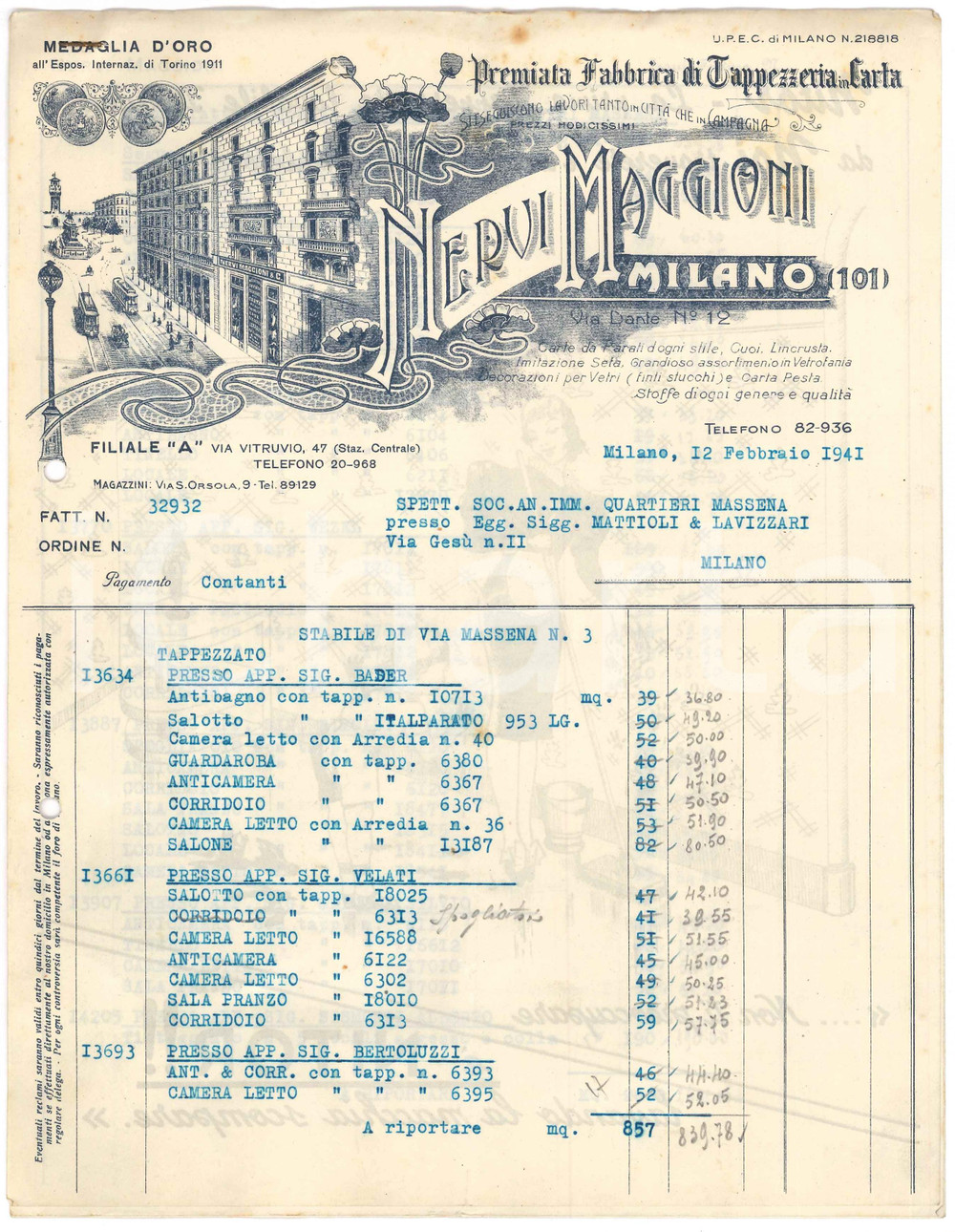 Documento originale, autentico 1941 MILANO Via Dante  Fabbrica NERVI MAGGIONI Tappezzeria in carta Fattura 1