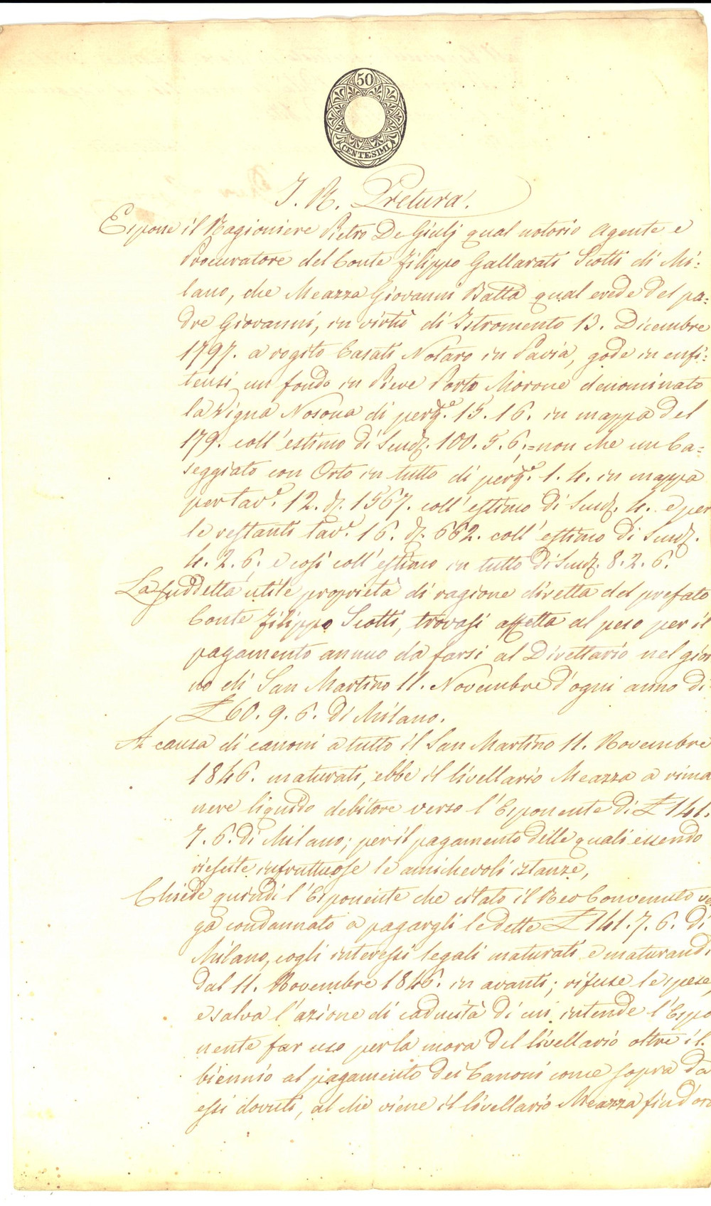 Documento originale, autentico 1847 PIEVE PORTO MORONE Giovanni Battista MEAZZA debitore fitti vigna NOSONA 1