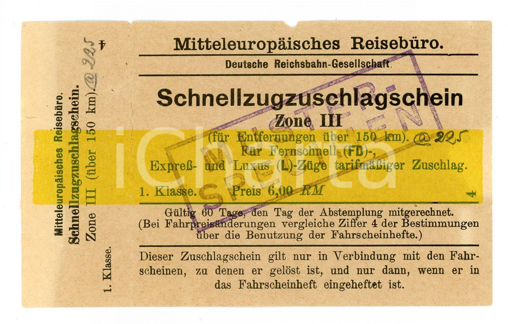 Oggetto da collezione cartaceo 1955 ca MITTELEUROPAISCHES REISEBURO Schnellzugzischlagschein MUSTERSPECIMEN 1