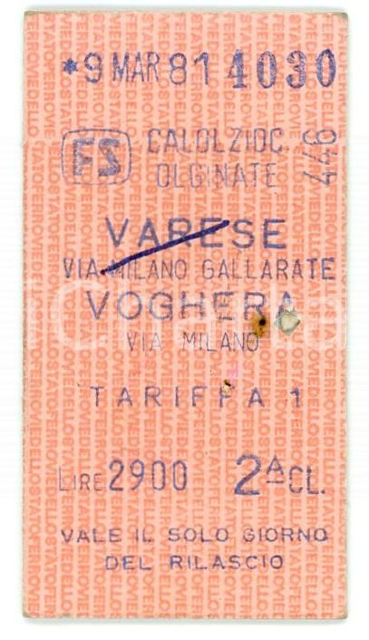 1981 FS Ferrovie Stato - Stazione CALOLZIOCORTE - OLGINATE Biglietto per VOGHERA Biglietto obliterato.  CONDIZIONI:FAIR/discreto Forellino e macchiaFORMATO: 3x5 cm originale e autentica 1