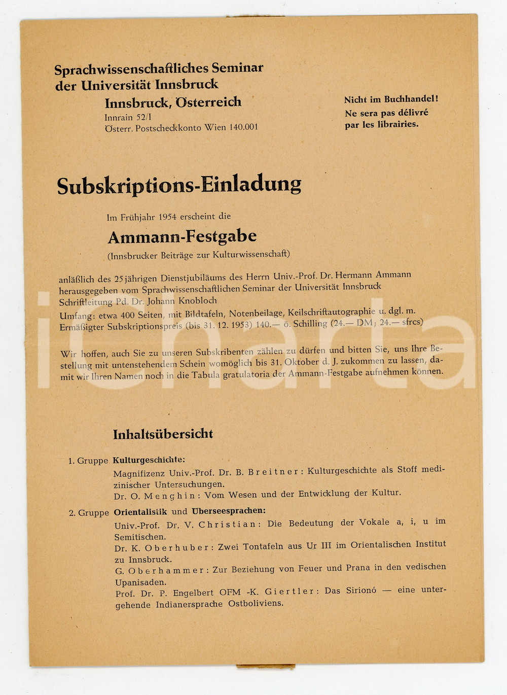 Oggetto da collezione cartaceo 1953 UNIVERSITAT INNSBRUCK Sprachwissnschaftliches seminar  Programma e invito 1
