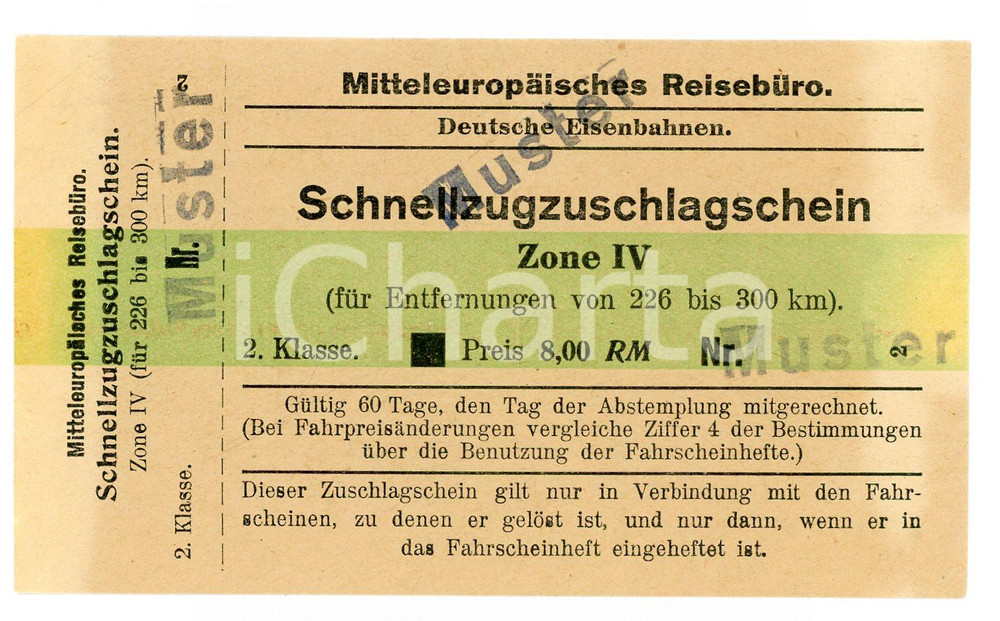1955 ca MITTELEUROPAISCHES REISEBURO Schnellzugzischlagschein MUSTER-SPECIMEN 1 Modello per biglietto d'epoca. CONDIZIONI:FAIR/discreto Bruniture diffuseFORMATO: 12x7 cm originale e autentica 1