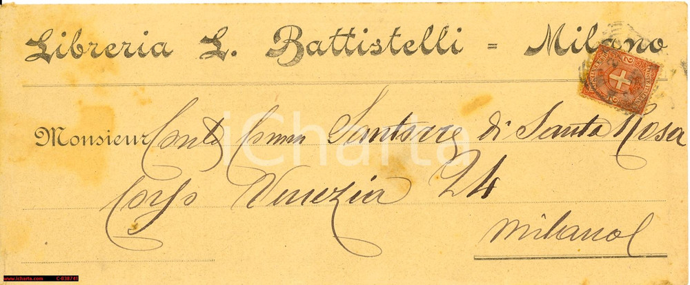 Oggetto da collezione cartaceo 1890 MILANO LIBRERIA L. BATTISTELLI Busta viaggiata (1) 1