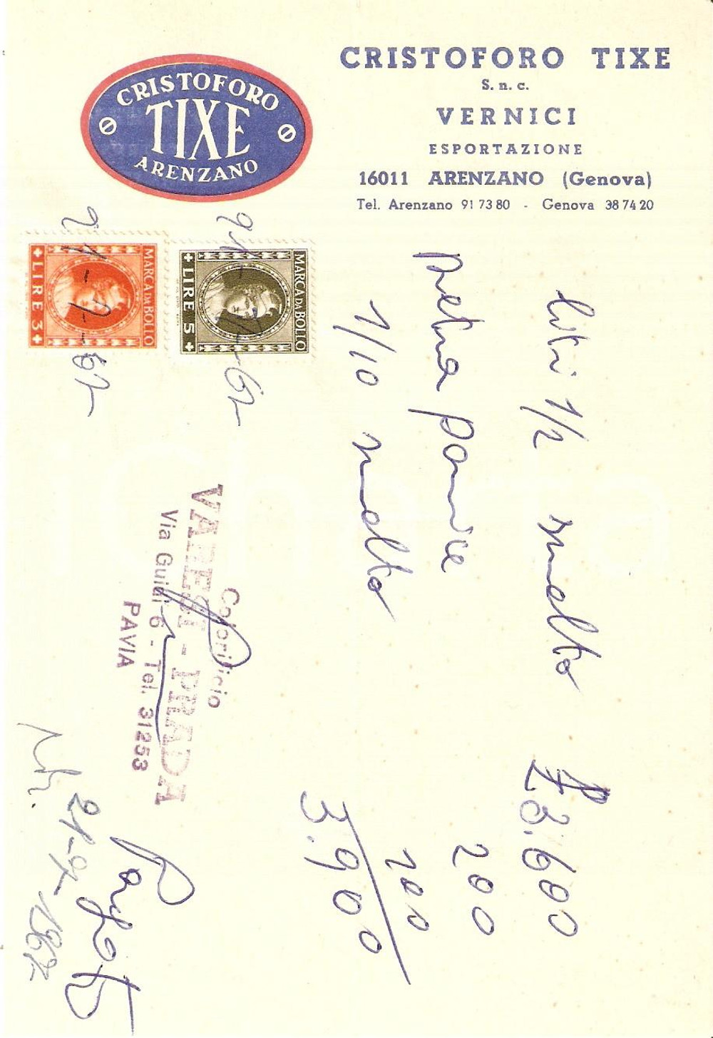 Materiale pubblicitario d’epoca 1965 ca ARENZANO (GE) Vernici Cristoforo TIXE *Ricevuta 11x17 1