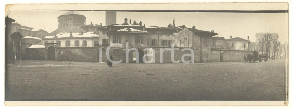 Fotografia d epoca originale 1909 MILANO Basilica S. AMBROGIO  Quartiere innevato Foto ANIMATA RARA 18x7 cm 1