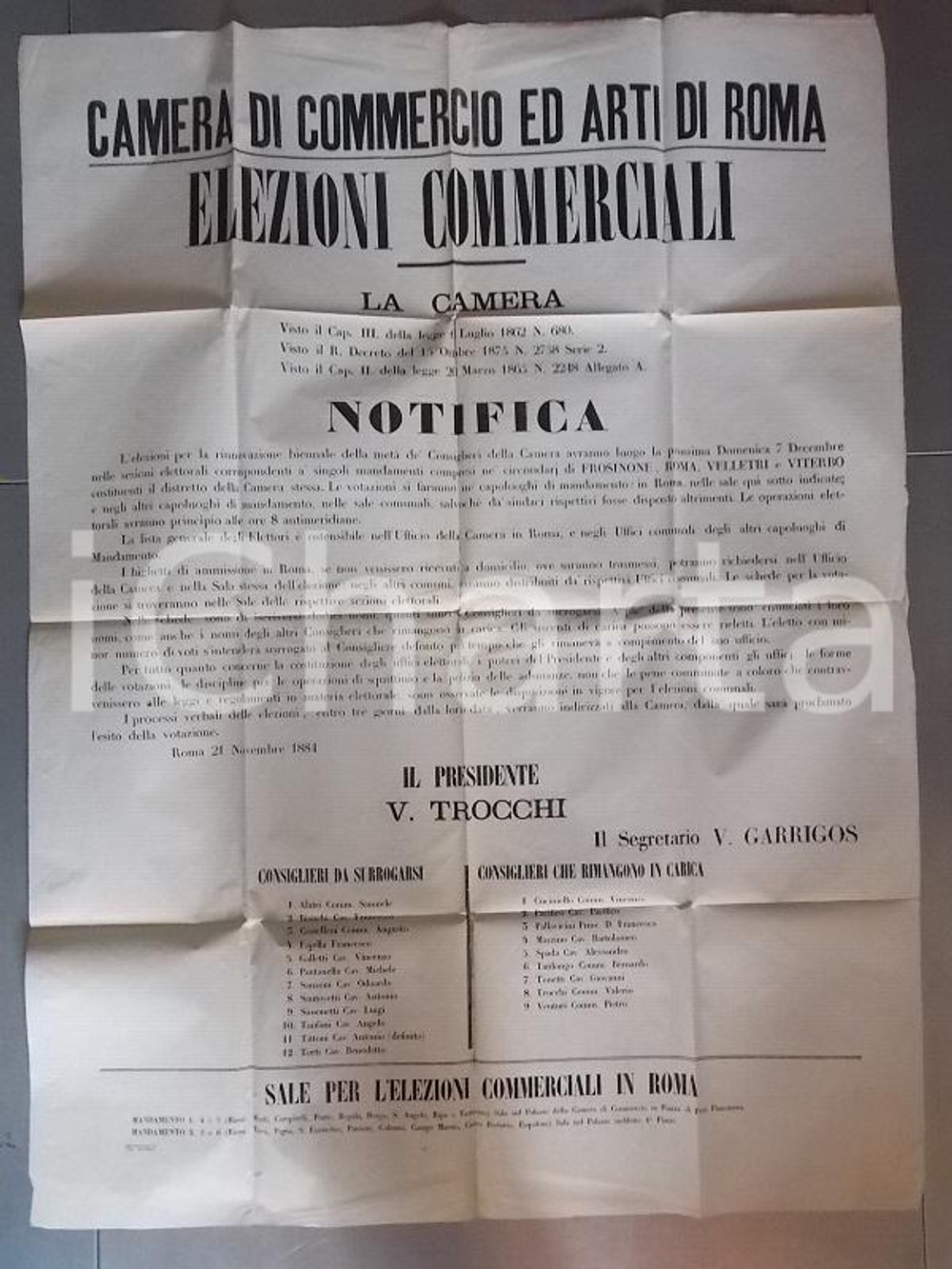 Documento originale, autentico 1884 ROMA Avviso per elezioni commerciali Camera di Commercio Manifesto 1