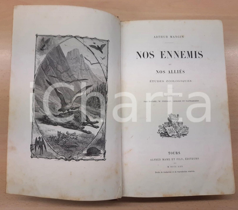 1870 Arthur MANGIN Nos ennemis et nos alliés - Etudes zoologiques *1^ edizione Legatura editoriale in mezza pelle, fregi e titoli dorati al dorso.Illustrato con numerose incisioni nel testo.Prima edizione.EDITORE: Alfred Mame et Fils - ToursPAGINE: 584 CONDIZIONI:POOR/danneggiato fioriture interne e coperta danneggiata da rosure varieFORMATO: 16x25 cm originale e autentica 1