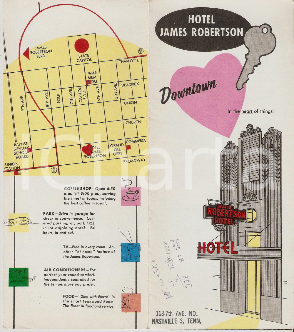 Materiale pubblicitario d’epoca 1965 ca NASHVILLE Hotel James Robertson Pieghevole ILLUSTRATO 9x21 1