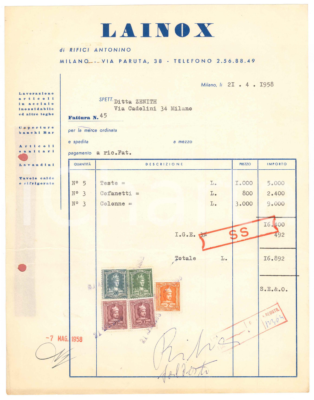 Documento originale, autentico 1958 MILANO Via Paruta  LAINOX di RIFICI Antonino  Articoli acciaio Fattura 1