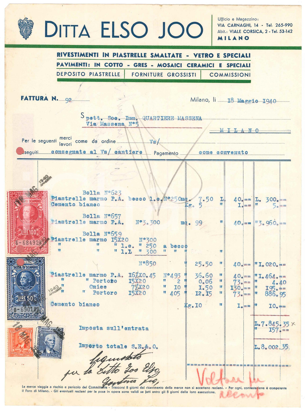 Documento originale, autentico 1940 MILANO via Carnaghi 14 Ditta Elso JOO Piastelle Fattura 1