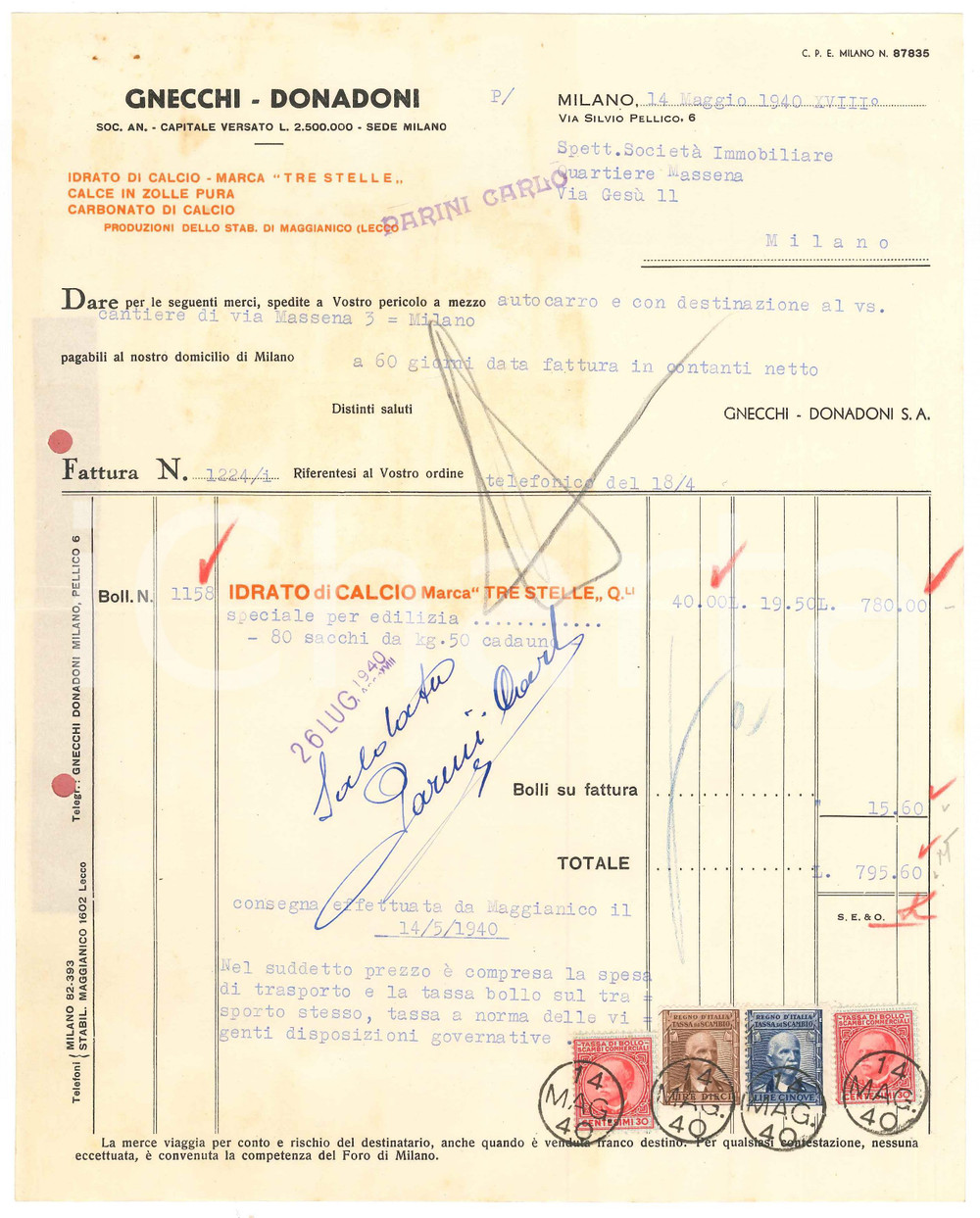 Documento originale, autentico 1940 MILANO Idrato di calcio GNECCHI  DONADONI Marca tre stelle  Fattura 1