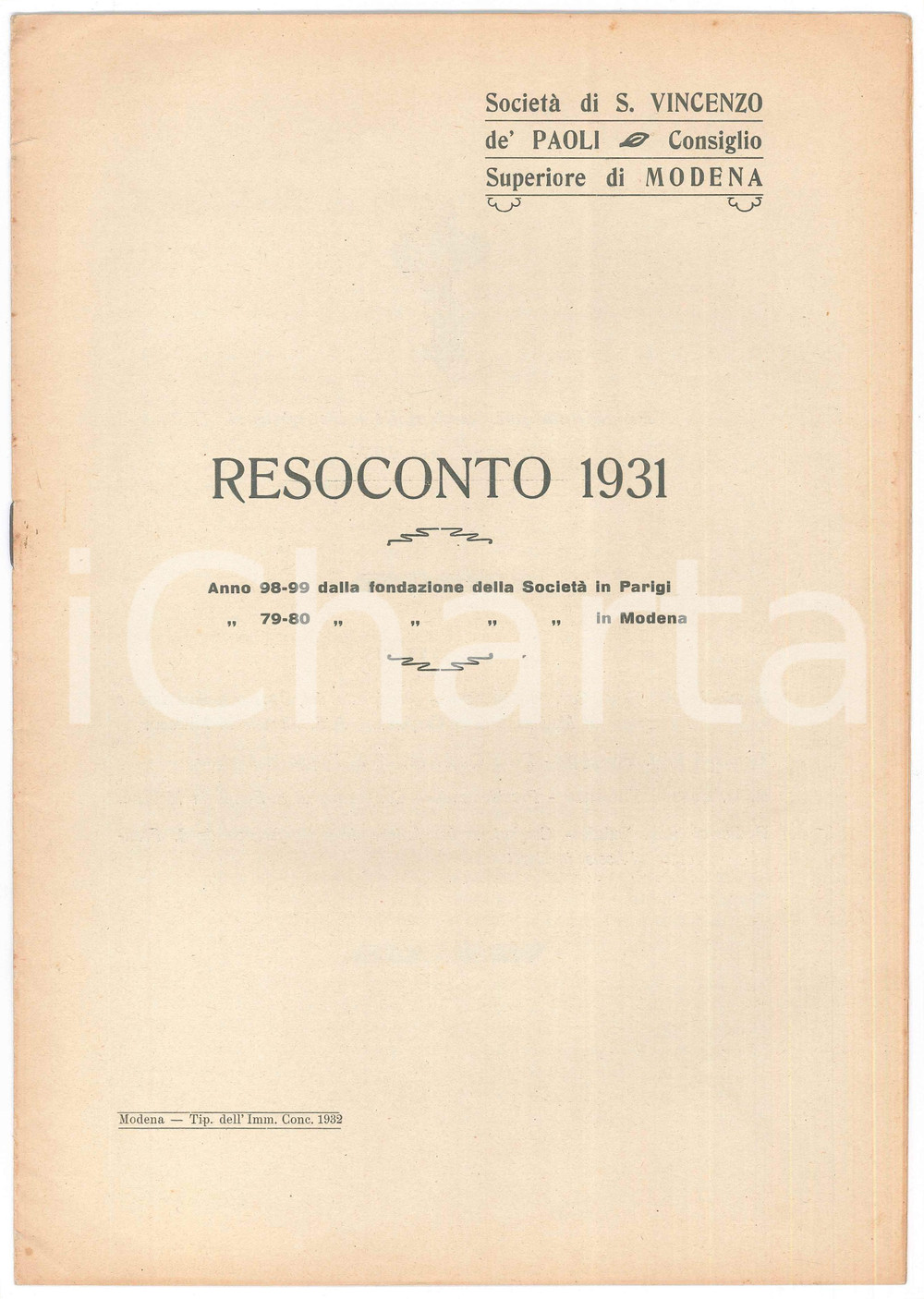 Documento originale, autentico 1932 MODENA Società S. VINCENZO DE  PAOLI Consiglio Superiore Resoconto 1931 1