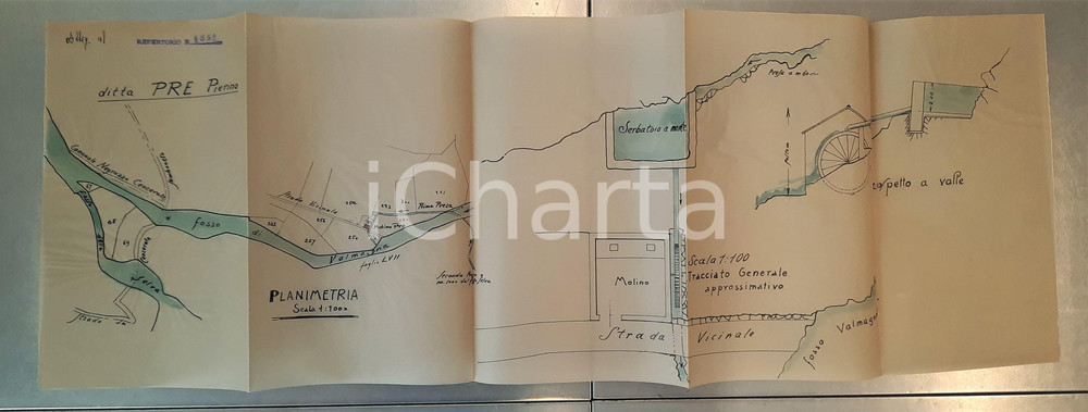 Mappa, planimetria storica 1945 ca Area NEGRUZZO / CENCERATE Fosso di VALMAGNA e mulino  Planimetria 1