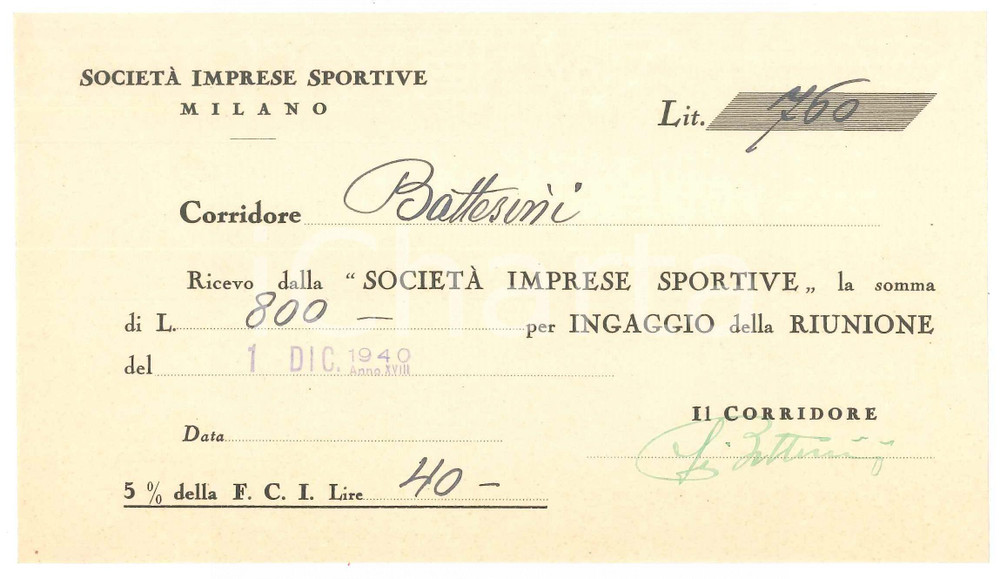 Autografo originale 1940 CICLISMO MILANO Ricevuta Fabio BATTESINI per ingaggio VIGORELLI  AUTOGRAFO 1