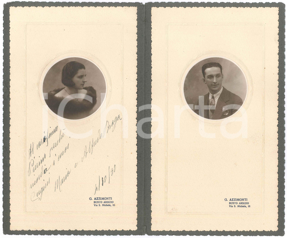 Fotografia d epoca originale 1930 BUSTO ARSIZIO Ritratto di Maria e Alfredo BRAGA Foto G. AZZIMONTI 1