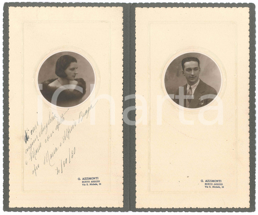 Fotografia d epoca originale 1930 BUSTO ARSIZIO Ritratto di Maria e Alfredo BRAGA  Foto G. AZZIMONTI 1