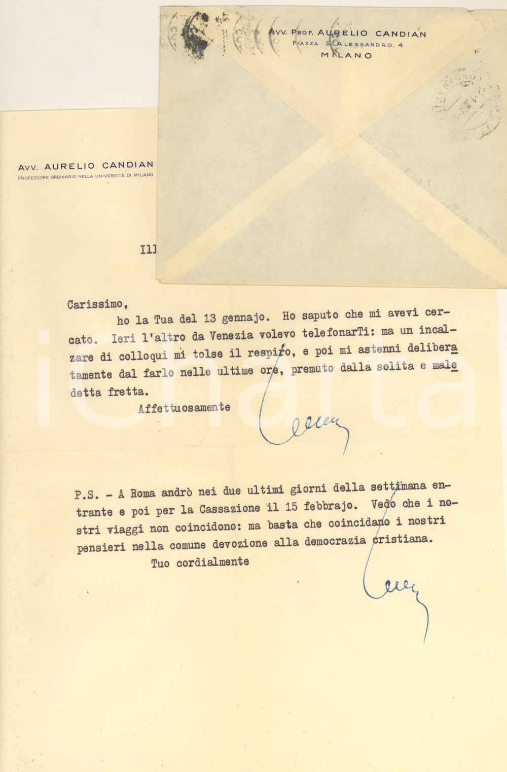 Autografo originale 1950 MILANO Lettera Aurelio CANDIAN a un collega e amico Autografo 1